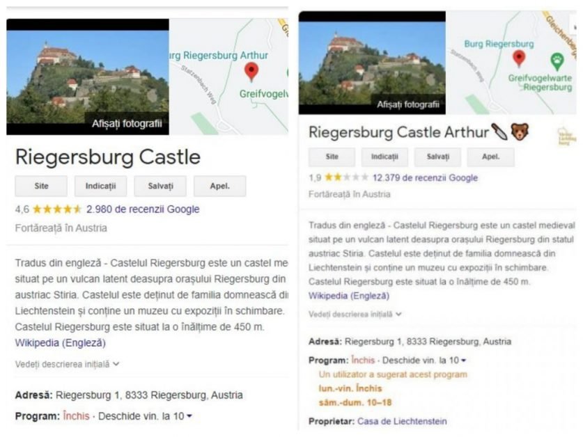 Google a sters recenziile Romanilor referitoare la castelul printului din Austria la un rating pozitiv. Au fost sterse peste 12.000 de recenzii negative