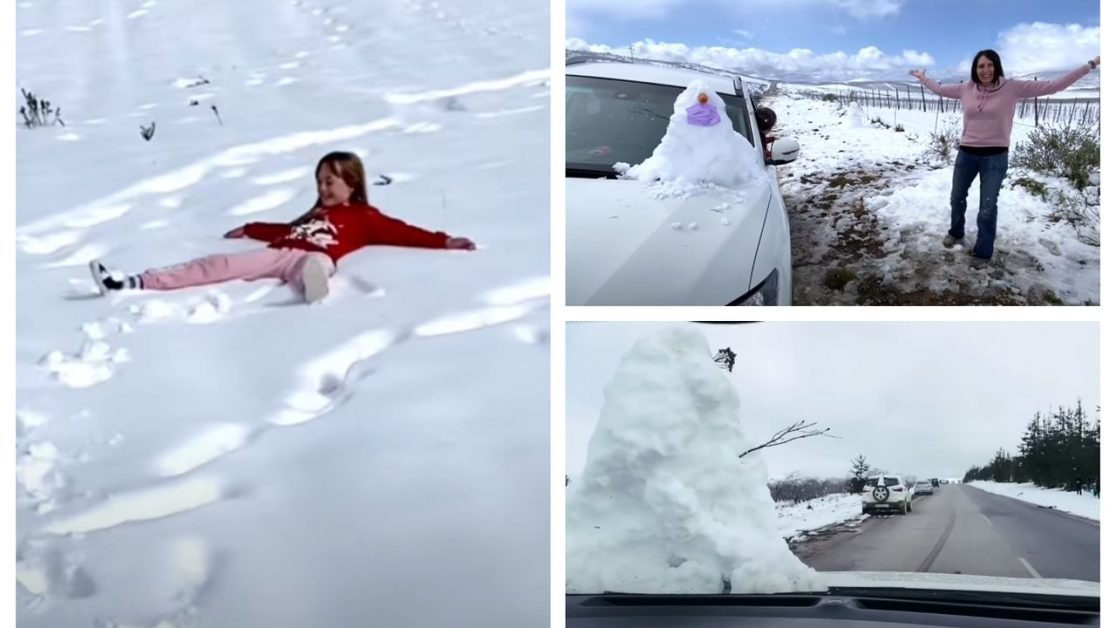 A nins în Africa de Sud. Imagini impresionante cu oameni care şi-au pus zăpadă pe capota maşinii. VIDEO