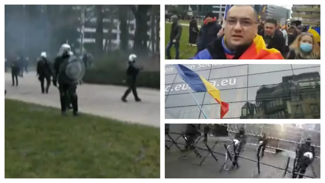 Protest împotriva vaccinării obligatorii la Bruxelles, degenerat în violenţe. Mii de români s-au alăturat manifestanţilor. „Intrările către Comisia Europeană sunt blocate inclusiv cu sârmă ghimpată” VIDEO