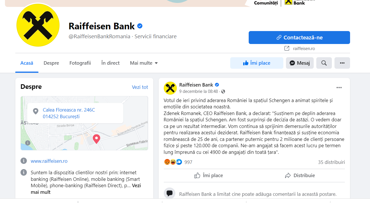 Raiffeisen Bank a blocat comentariile românilor pe pagina de Facebook. Băncile austriece din România șterg sau blochează comentariile românilor furioși.