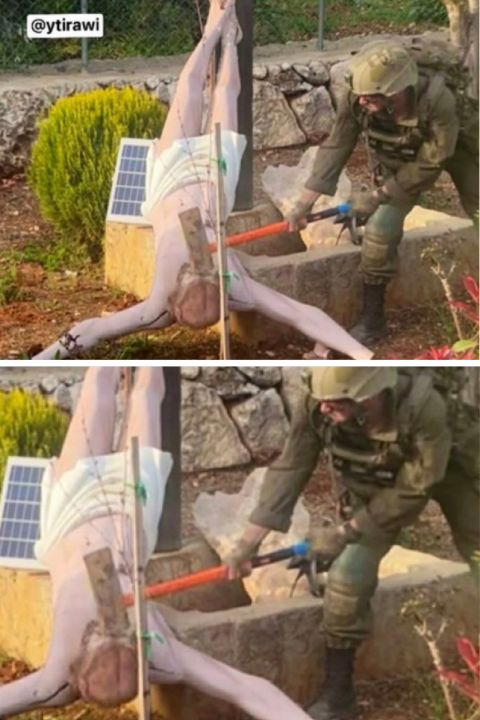 Un soldat israelian lovește cu un ciocan o statuie a lui Iisus din sudul Libanului