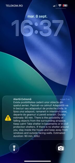Alertă aeriană în județul Vaslui. RO-Alert avertizează că pot cădea obiecte din spațiul aerian. Un avion de luptă a fost auzit în zonă